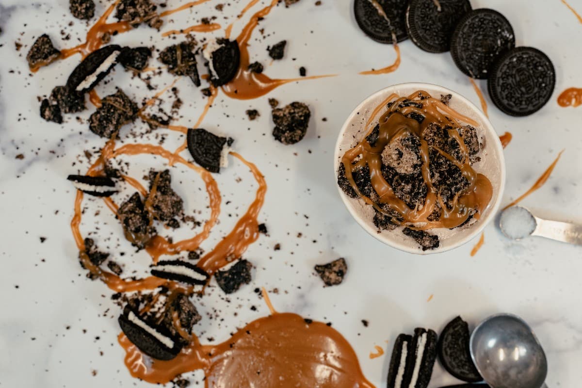 Right Cream ice cream, Oreo crumbles, and caramel swirls.