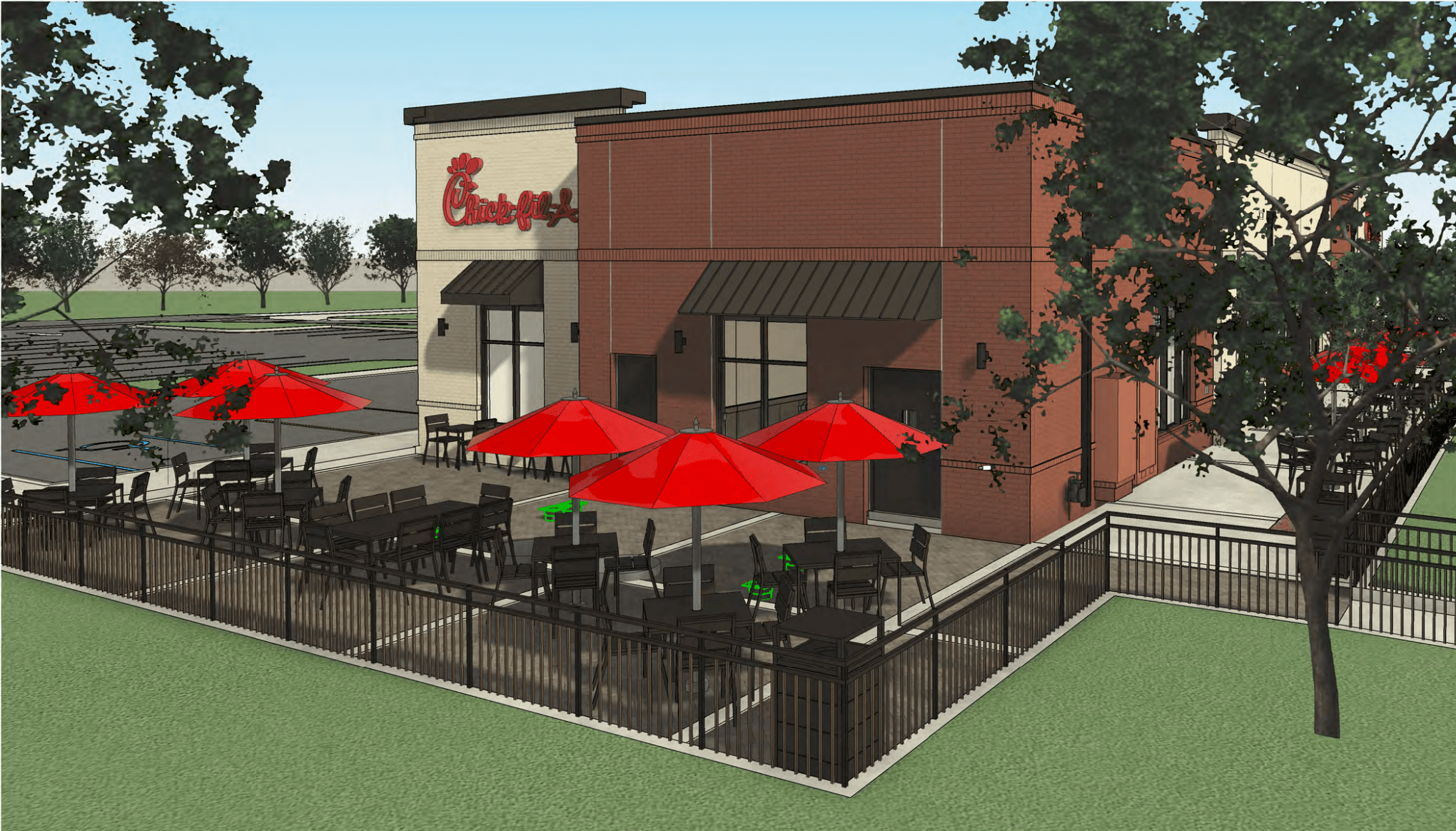 A rendering of a future chick-fil-a restaurant.