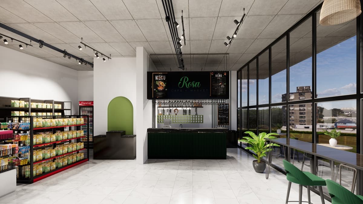 rosa cafe + market interior rendering detroit water square