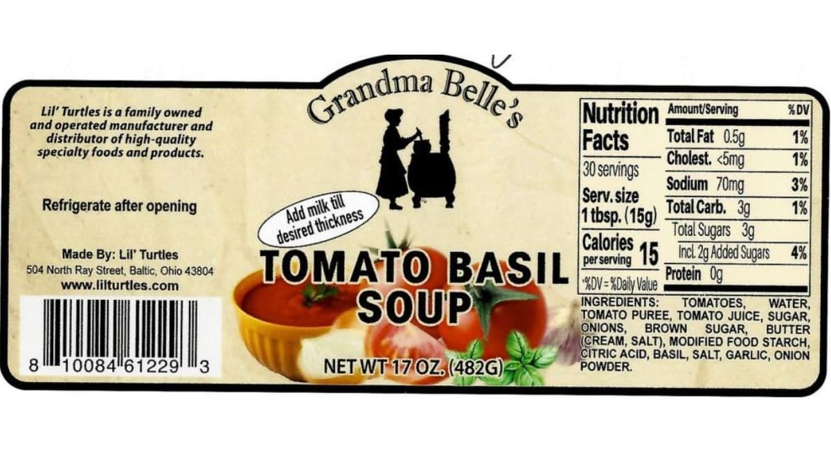 Lil’ Turtles has issued a voluntary recall of its Grandma Belle’s Tomato Basil Soup due to undeclared milk.