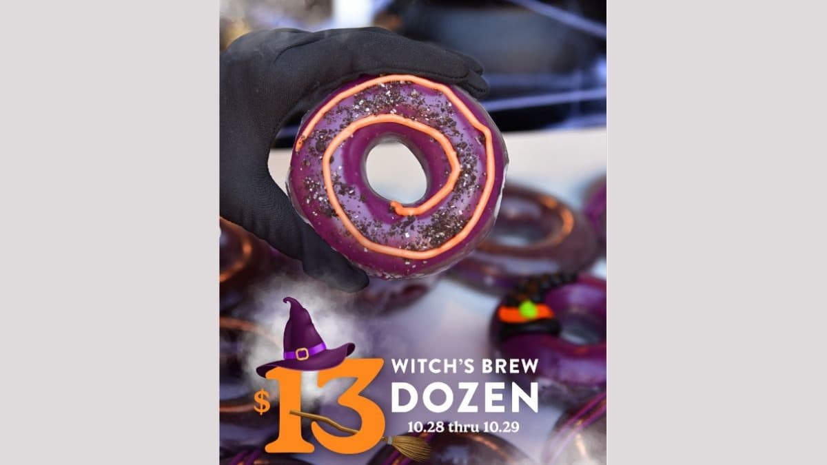 Krispy Kreme is brewing up something sweet this Halloween with its limited-edition Witch’s Brew Dozen doughnuts, available for a short time only.