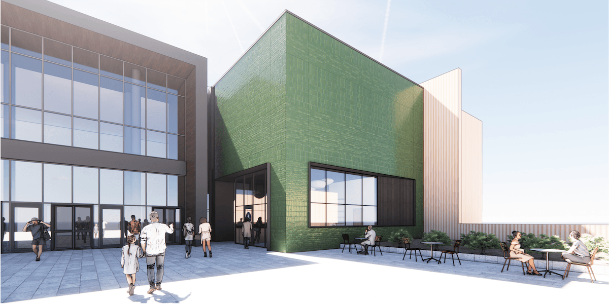 Architectural renderings of the exterior of Blue Sparrow Coffee, with a green tile exterior